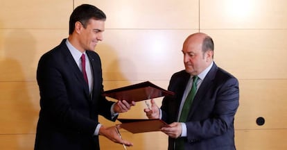 El presidente del Gobierno, entonces en funciones, Pedro Sánchez (i), y el presidente del PNV, Andoni Ortuzar (d), durante la firma del acuerdo por el que los nacionalistas vascos acordaron el voto a favor de la anterior investidura de Sánchez.