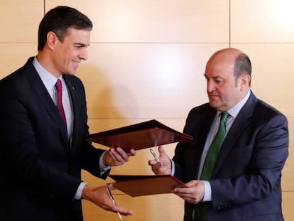 El presidente del Gobierno, entonces en funciones, Pedro Sánchez (i), y el presidente del PNV, Andoni Ortuzar (d), durante la firma del acuerdo por el que los nacionalistas vascos acordaron el voto a favor de la investidura de Sánchez.