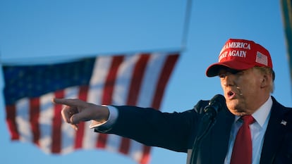 Donald Trump speaks at a campaign rally at Calhoun Ranch in October 2024.