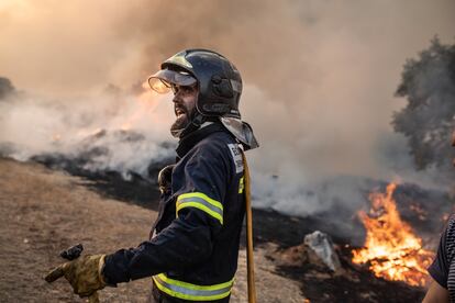 Un bombero trabaja en el incendio de Losacio (Zamora) el domingo. Un brigadista de una autobomba que trabajaba en la extinción del incendio ha fallecido víctima del rápido avance de las llamas en la zona. 