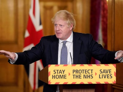 Boris Johnson, este jueves, en su primera rueda de prensa después de recuperarse de la covid-19.