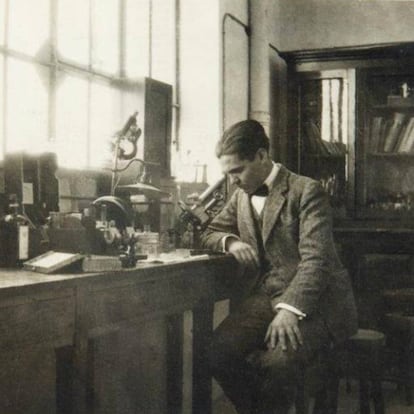 Federico García Lorca, en el laboratorio de Pío del Río Hortega en la Residencia de Estudiantes, hacia 1923.