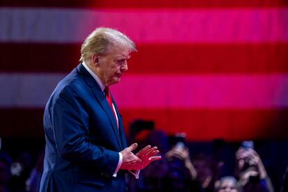 Former President Donald J. Trump delivers remarks during the Conservative Political Action Conference (CPAC) 2024 at National Harbor, Maryland, USA, 24 February 2024.