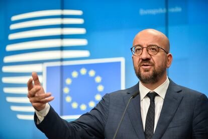 El presidente del Consejo Europeo, Charles Michel, durante la rueda de prensa posterior a la primera jornada del Consejo Europeo.