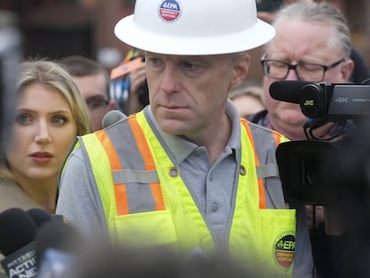 James Justice, representative for the US Environmental Protection Agency (EPA), speaks to members of the media during a tour of the impacted Sulphur Run creek in East Palestine, Ohio, US, on Thursday, Feb. 16, 2023.