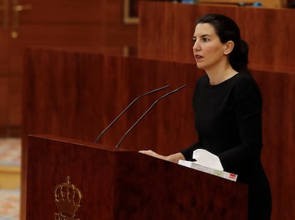 La portavoz de Vox en la Asamblea, Rocío Monasterio, durante el pleno en la Asamblea de Madrid