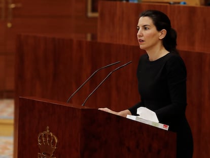 La portavoz de Vox en la Asamblea, Rocío Monasterio, durante el pleno en la Asamblea de Madrid