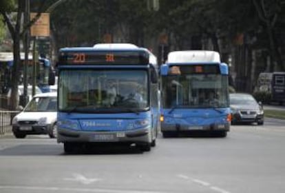 Dos autobuses de la EMT circulan por el madrileño Paseo de la Castellana. EFE/Archivo