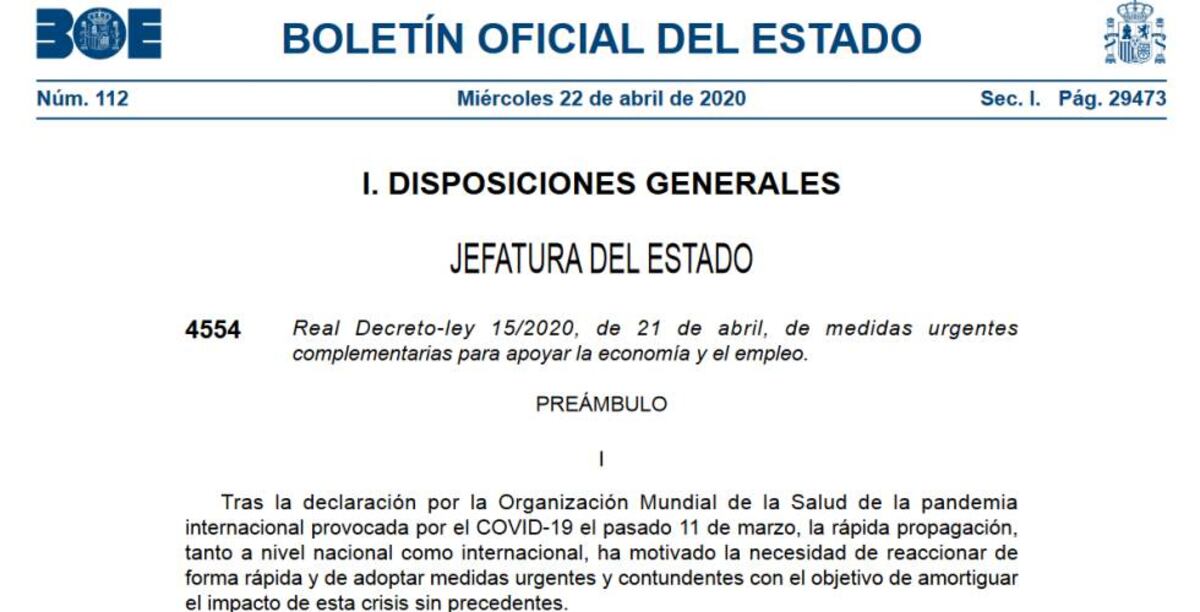 Crisis del coronavirus El BOE publica la nuevas medidas económicas del ...