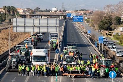 Varias decenas de agricultores mantienen cortada con sus tractores la autovía MU-30 de Murcia, este miércoles.