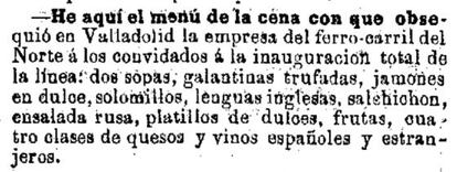 Menú de un banquete con ensalada rusa en Valladolid. La Época, 18 agosto 1864