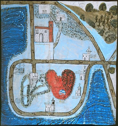 Mapa que refleja una vista general del territorio que rodea al pueblo de Chimalhuacán-Atoyac, “a cinco leguas” de Ciudad de México. Fue elaborado en cumplimiento de la Real Cédula dada por el rey Felipe II el 25 de mayo de 1577, para que quedara reflejado aquello que los conquistadores encontraban en las Indias.