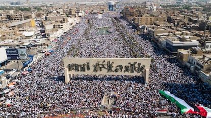 Iraquíes celebran una concentración masiva de apoyo a los palestinos de la franja de Gaza, este viernes en Bagdad.
