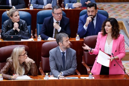 La presidenta de la Comunidad de Madrid, Isabel Díaz Ayuso, interviene durante el pleno de la Asamblea de Madrid, este jueves.