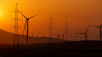 Aerogeneradores y torres eléctricas, en Magallón (Zaragoza) a mediados de agosto.