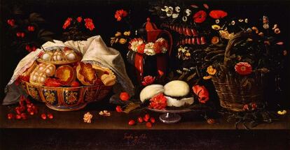 Bodegón pintado en 1676: dulces, flores, quesos y habas.