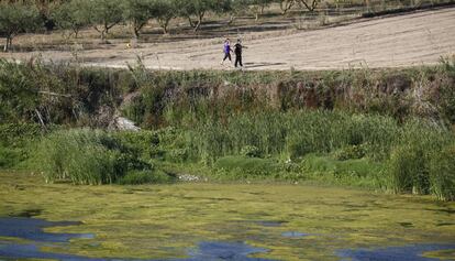 Dos personas pasean por los márgenes de la desembocadura del Ebro