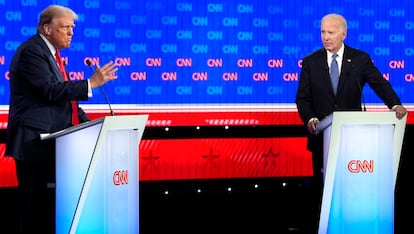   Candidates Donald Trump and Joe Biden, during the debate. 