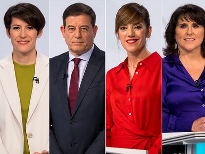 Desde la izquierda, Alfonso Rueda (PP), Ana Pontón (BNG), José Ramón Gómez Besteiro (PSOE-PSG), Marta Lois (Sumar) e Isabel Faraldo (Podemos).