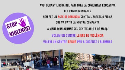 Cartel de repulsa del IES Ramon Montaner de Xirivella, por la agresión a la docente, publicado en la web del centro docente.