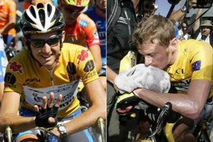 Heras celebra su triunfo en la última Vuelta a España, y Landis, agotado tras una etapa del Tour.