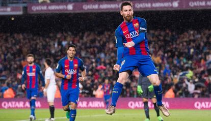 Messi celebra el segon gol del Barça davant el Sevilla.