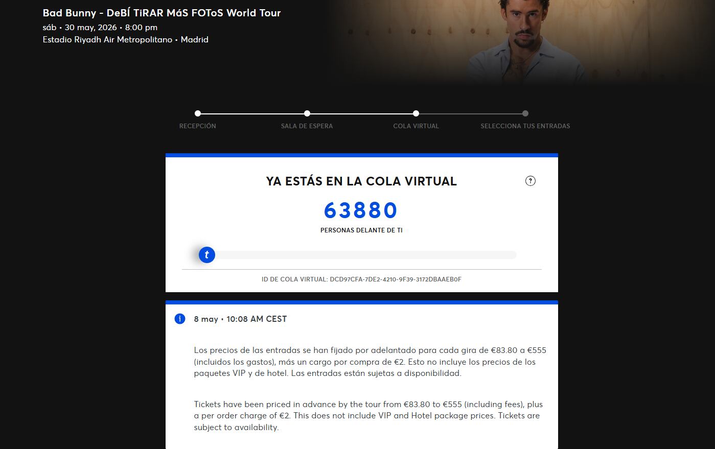 Imagen del ordenador de un usuario intentando comprar una entrada en la preventa de Madrid. El comprador estaba en el puesto 63.880 de la cola virtual.