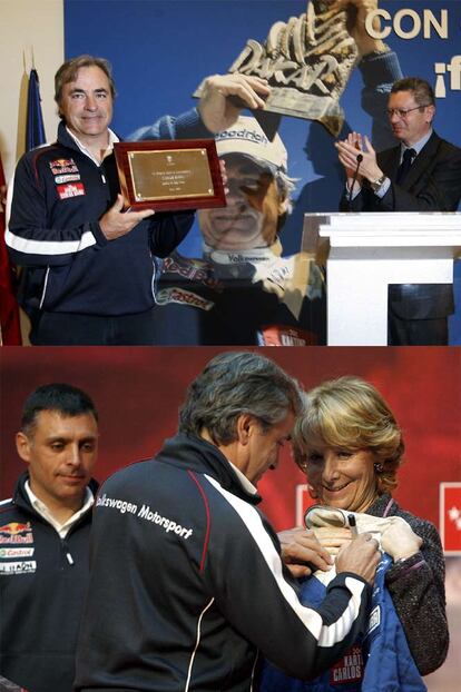 Arriba, Carlos Sainz recibe una placa de Gallardón. Abajo, de espaldas, firma un mono a Esperanza Aguirre ante Lucas Cruz.