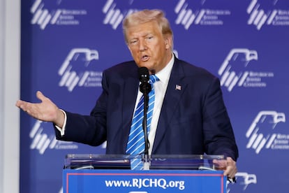 Donald Trump speaks at the annual meeting of the Republican Jewish Coalition, held in Las Vegas.