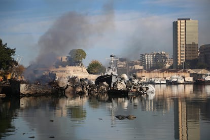 Boats destroyed by Israeli strikes in the port of Latakia, Syria, on Tuesday.