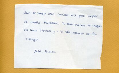 Que se hagan más carriles bici para mejorar el medio ambiente. De esta manera se conseguiría hacer ejercicio y a la vez colaborar con la ecología. Alba, 18 años.