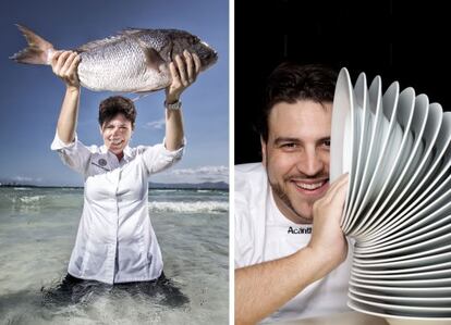 Macarena de Castro, la chef de El Jardín, en Port d'Alcúdia, con un dentón, y Xanty Elías, del restaurante Acanthum, en Huelva.