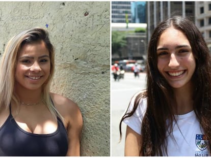 As estudantes Kimberly (à esq.) e Mariana (à dir.) em frente a suas respectivas escolas em São Paulo.