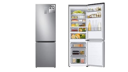 Este modelo de frigorífico Samsung cuenta con 344 litros de capacidad y se vende en acero inoxidable.