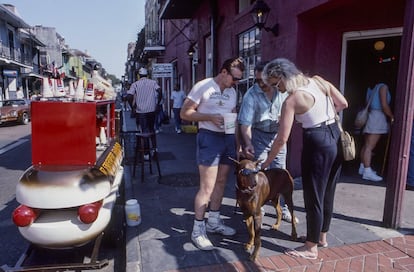 Um doberman com óculos de sol ao lado de um carrinho de cachorro-quente Lucky Dogs. Criados em 1947 por Steve Loyacano, os carrinhos da Lucky Dogs (com formato de cachorro-quente e dois metros de comprimento) tornaram-se um ícone da cidade e os únicos autorizados a vender nas ruas do bairro francês.