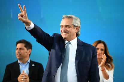 El presidente Alberto Fernández, en el cierre de campaña este jueves en Merlo, Argentina.