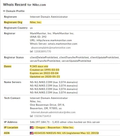 Captura de los resultados que se obtienen al buscar la web oficial de Nike en Whois