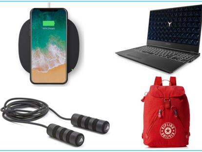 De izquierda a derecha: Base de carga inalámbrica, comba de velocidad Adidas, ordenador Lenovo Legion Y530 y mochila Kipling Fundamental Nc.