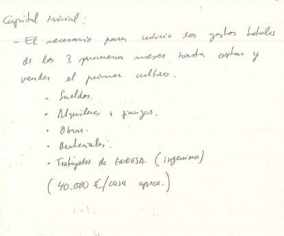 Anotaciones del principal sospechoso sobre lo que cuesta montar una plantación de marihuana.