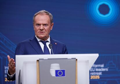 Donald Tusk, durante la rueda de prensa en Bruselas este martes.