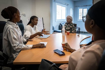 On the left in white, Fatou Baldeh, feminist and activist against FGM.