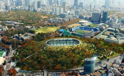 El "estadio montaña", de DGT Architects, es uno de los proyectos que se presentaron para los Juegos Olímpicos de Tokio que, aunque no ganaron, sirvieron de inspiración para Nou Parc. |