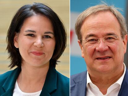 De izquierda a derecha, el candidato socialdemócrata del SPD, Olaf Scholz; la candidata por los Verdes, Annalena Baerbock, y el candidato conservador de la CDU/CSU Armin Laschet, que se enfrentarán esta noche en el primer debate televisado de los candidatos a las elecciones del 26 de septiembre.