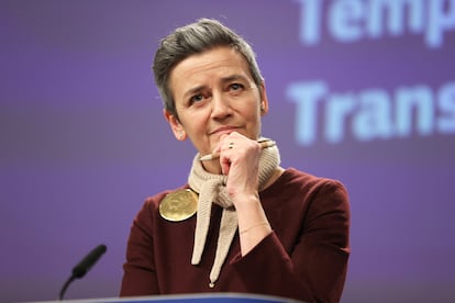 La comisaria Margrethe Vestager en una conferencia de prensa en febrero.