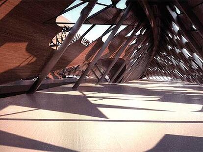Planta superior del pabellón-puente diseñado por Zaha Hadid como acceso al recinto de la Exposición Internacional que se celebrará en Zaragoza en 2008.