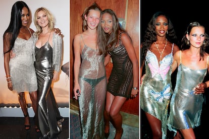 Kate Moss y Naomi Campbell han sido las mejores embajadoras del denominado slip dress. Algunos de los modelos más icónicos tienen la firma de este tándem de supermodelos (y amigas). De izda. a dcha., Kate con Naomi con un vestido de su propia colección para Topshop (2014), con slip dress traslúcido (1993) y con minivestido de malla metálica de Versace (1999).