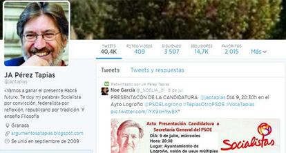 La cuenta de Twitter de José Antonio Pérez Tapias.