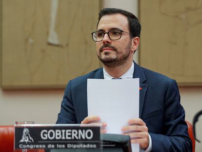 El ministro de Consumo, Alberto Garzón, durante su comparecencia este viernes ante la Comisión de Sanidad y Consumo del Congreso.