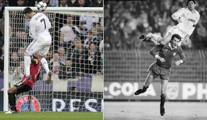Cristiano salta ante Evra y Santillana ante Ticic, jugador del Rijeca, en un partido de la Copa de la UEFA de 1984.