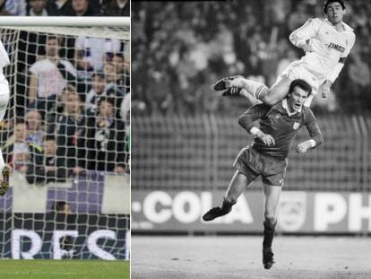 Cristiano salta ante Evra y Santillana ante Ticic, jugador del Rijeca, en un partido de la Copa de la UEFA de 1984.